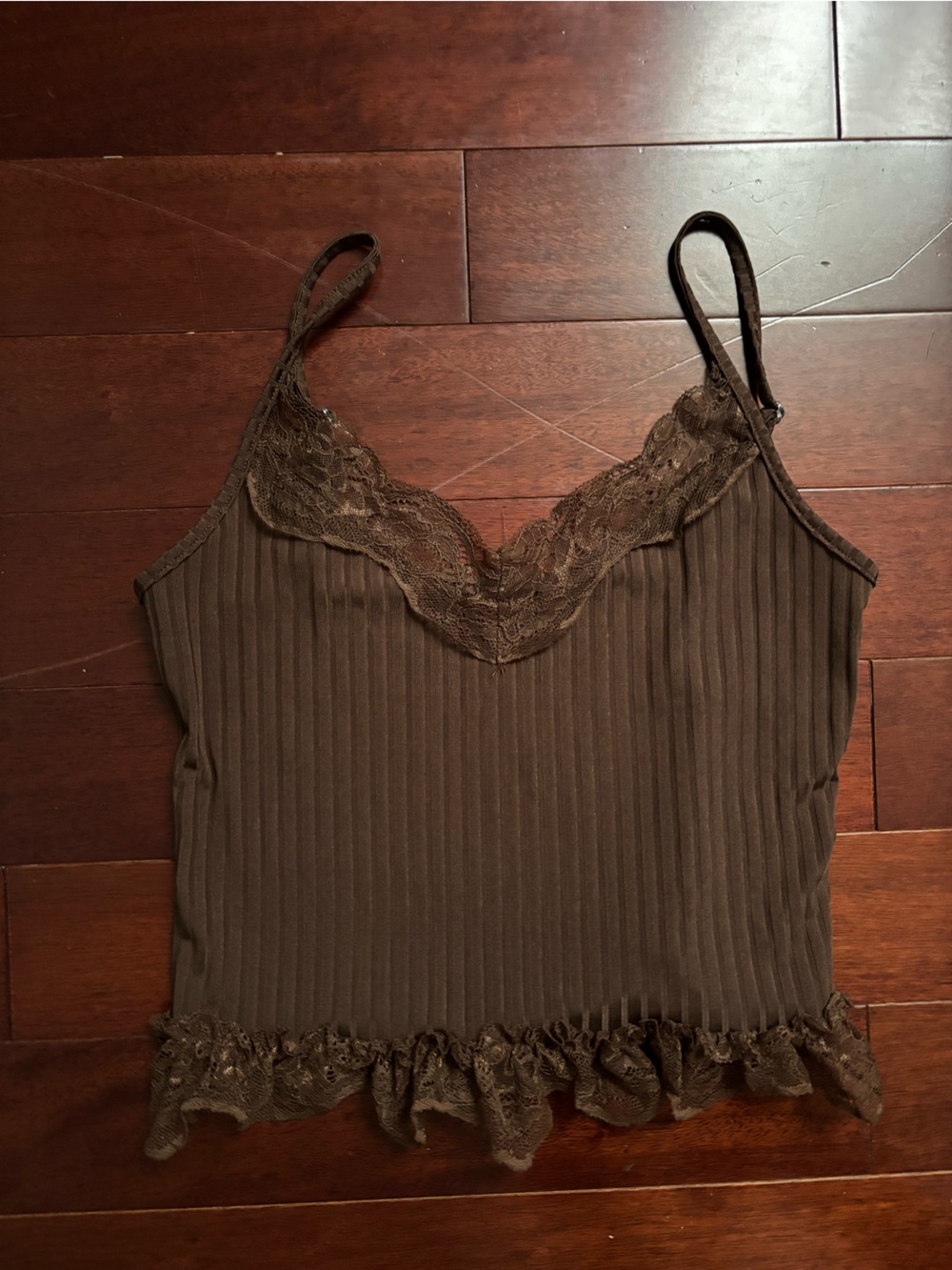 SHEIN Brown Ribbed Lace-Trim Camisole